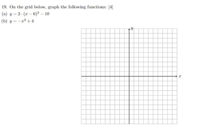 19. On the grid below, graph the following functions: (a) y = 2 · (x − 6) 2 − 10 (b-example-1