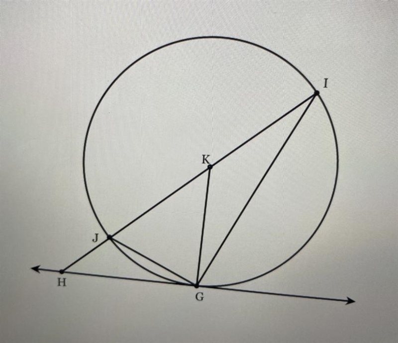 given circle K with diameter IJ and radius KG. GH is tangent to K at G. If GH =6 and-example-1