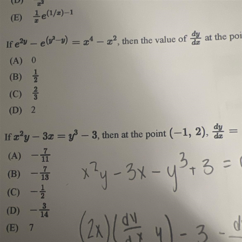 If x²y - 3x = y³ – 3, then at the point (-1,2), dy/dx=-example-1