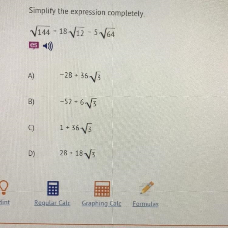 Heeelllllllllllp Simplify the expression completely. √144 +18 √12-5√64-example-1