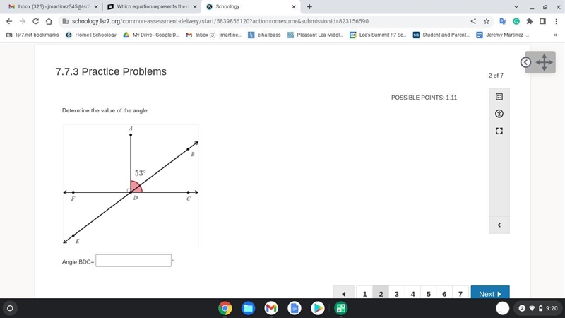 Determine the value of the angle. Angle BDC=-example-1