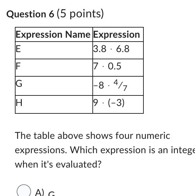 The table above shows four numeric expressions. Which expression is an integer when-example-1