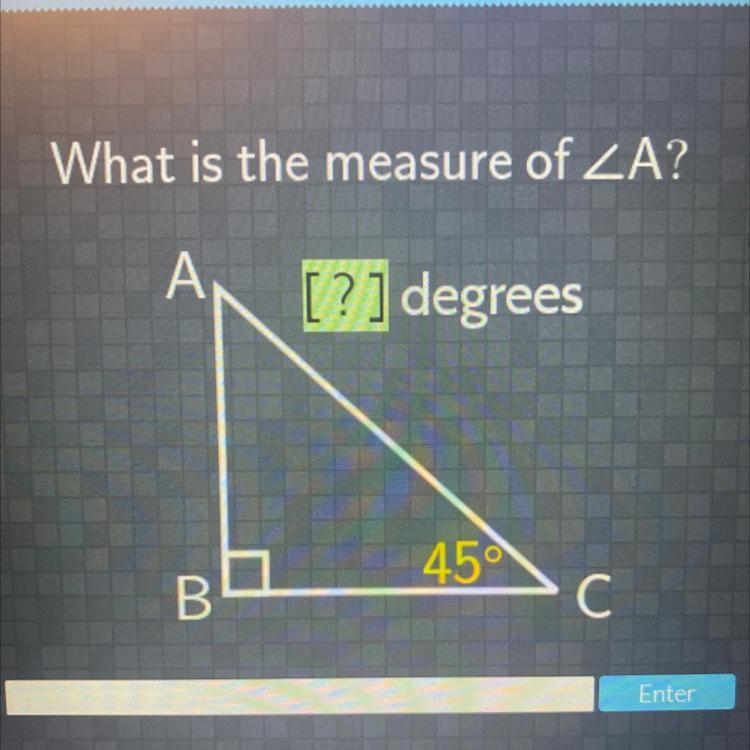 What is the measure of ZA? А, [?] degrees 45° >c B С-example-1