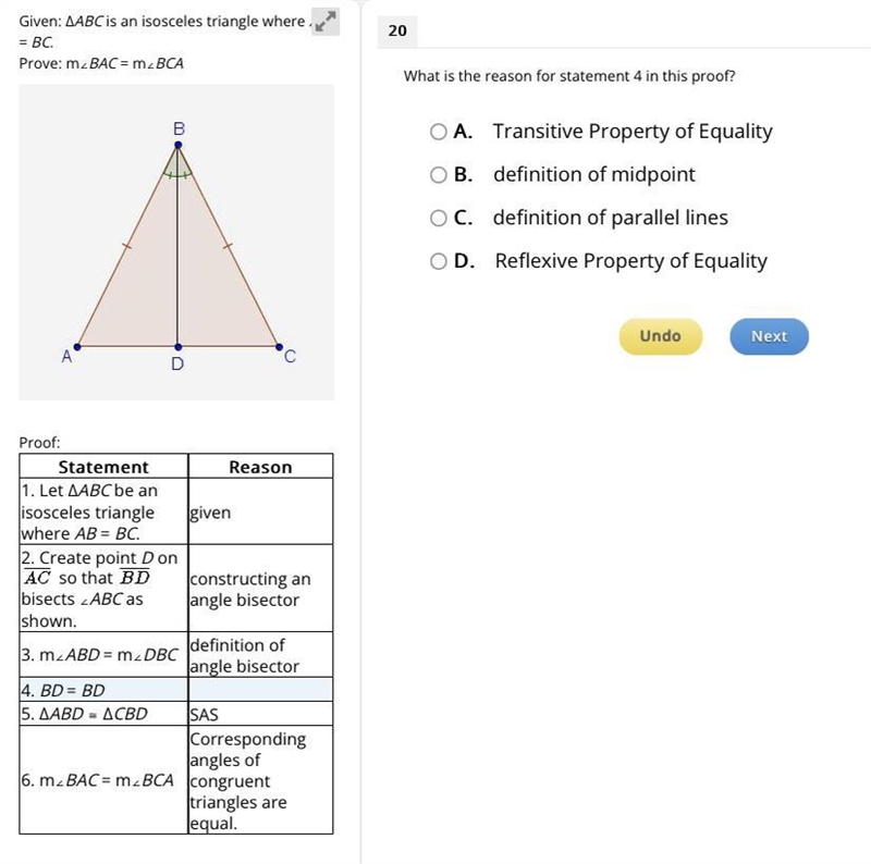 Given: ΔABC is an isosceles triangle where AB = BC. Prove: m∠BAC = m∠BCA Proof: Statement-example-1