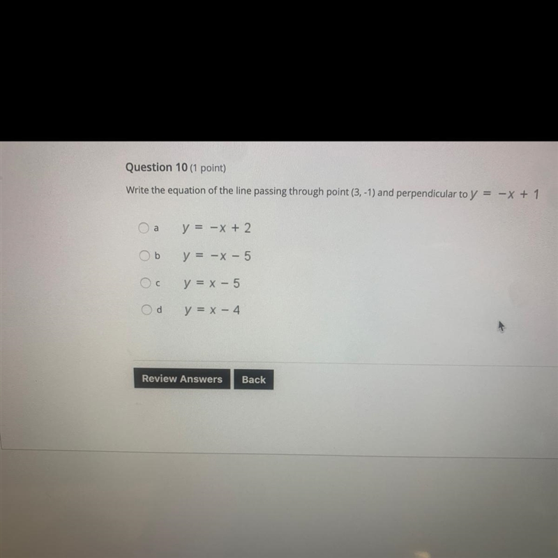 Write the equation of the line passing through point (3, -1) and perpendicular to-example-1