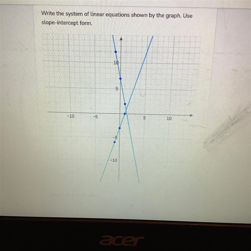 HELP PLEASE write the system of linear equations shown by the graph use slope intercept-example-1