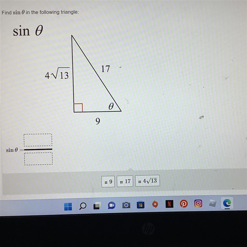 I have to find sin 0 in the following triangle but I need guidance.-example-1