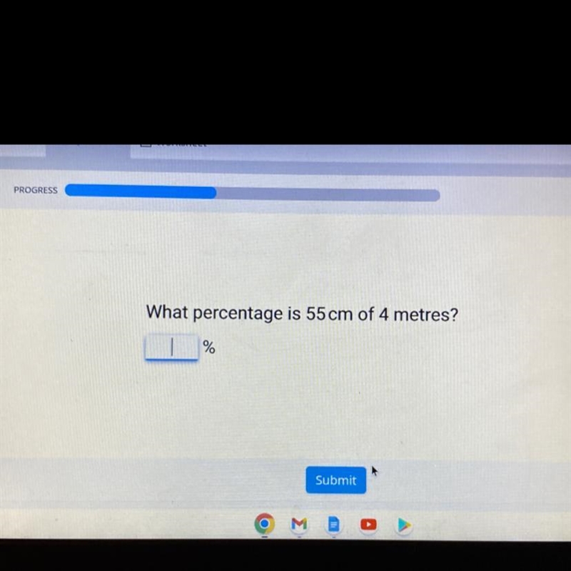 What percentage is 55cm of 4 metres ?-example-1