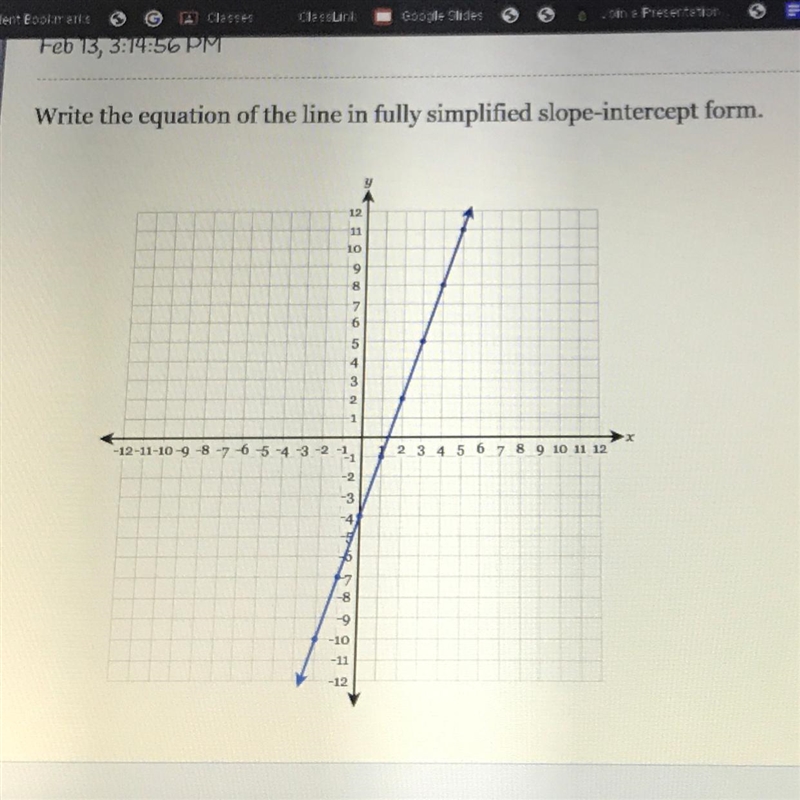 Write the equation of the line in fully simplified slope-intercept form-example-1