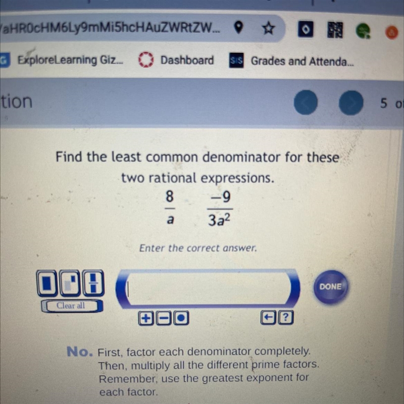 Find the least common denominator for these two rational expressions. 8 -9 3a² - a-example-1