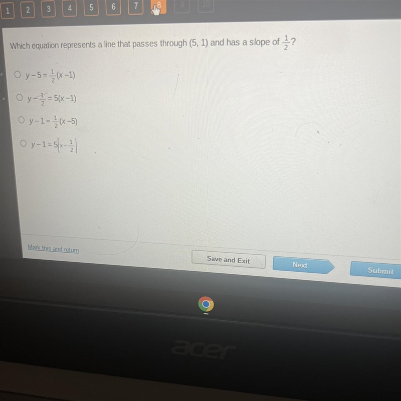 Which equation represents a line that passes through (5’1) and has a slope of 1/2?-example-1