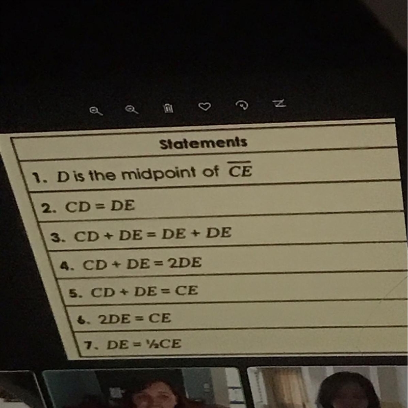 Given: D is the midpoint of CE prove : DR = 1/2CE Reason bank simply Transitive property-example-1