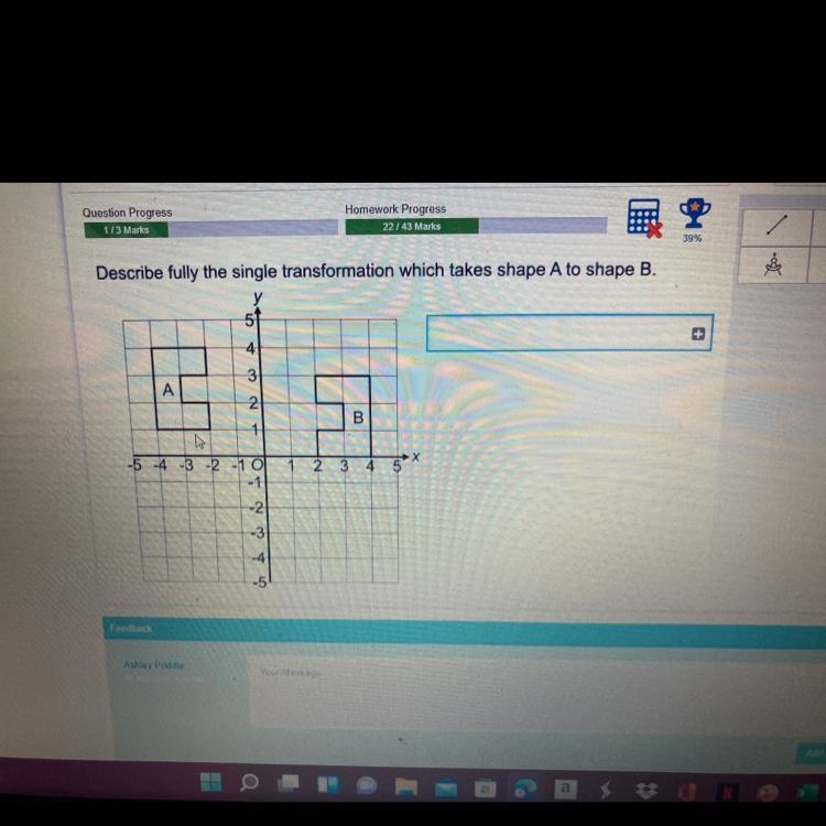 Describe fully the single transformation which takes shape A to shape B. 51 4 3 A-example-1