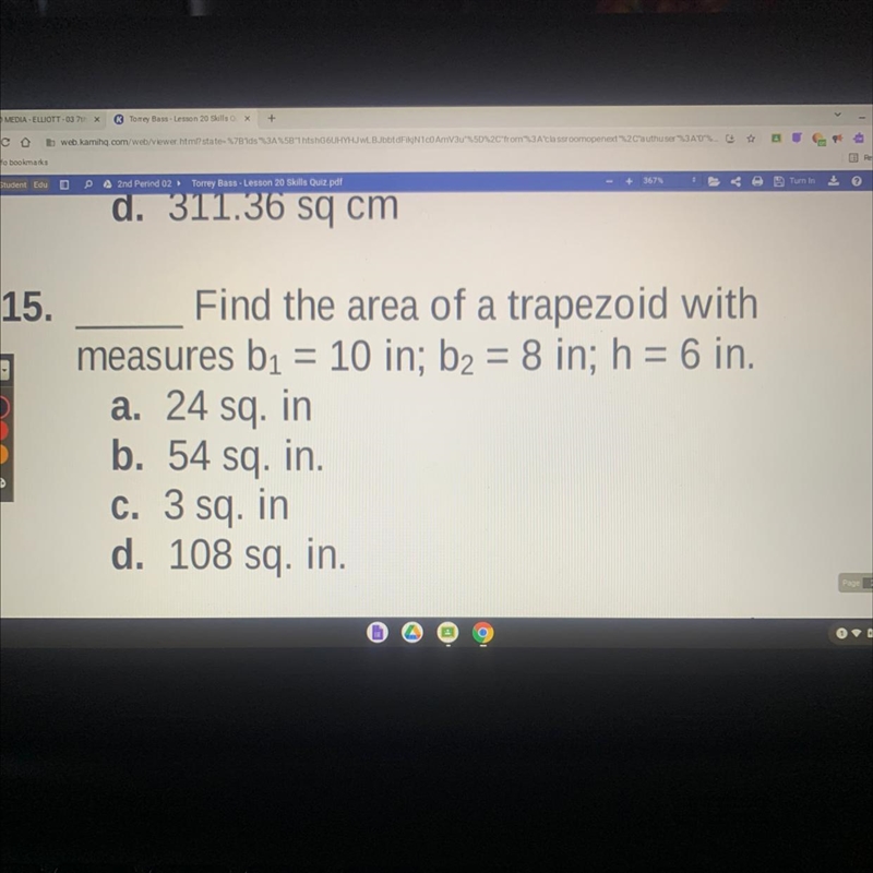 Find the area of a trapezoid with these measures-example-1