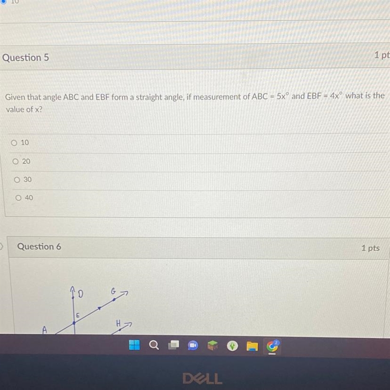 Given that angle ABC and EBF form a right angle, if measurement of ABC = 5x° and EBF-example-1