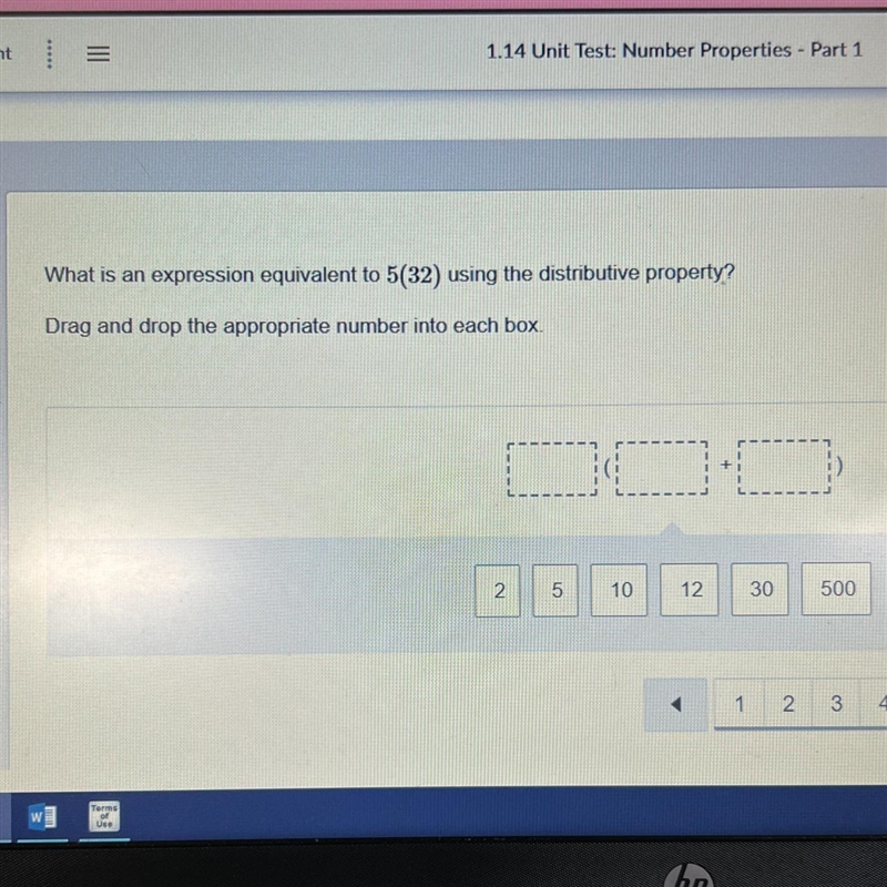 What is an expression equivalent to 5(32) using the distributive property? Drag and-example-1