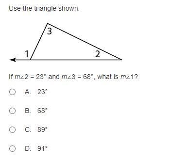 If m∠2 = 23° and m∠3 = 68°, what is m∠1?-example-1