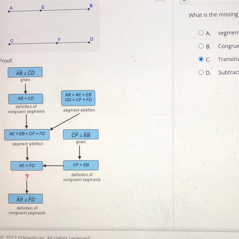 What is the missing reason in the proof? A.) Segment addition B.) Congruent Segments-example-1