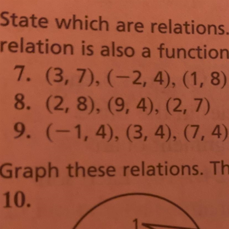 State which are relations. Give their domain and range. Then tell if the relation-example-1