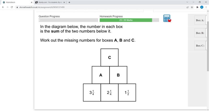 Work out the missing numbers for a b and c mathwatch fractions adding subtracting-example-1