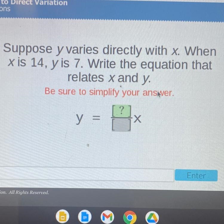 Suppose y varies directly when x when x is 14 y is 7 write the equation that relates-example-1