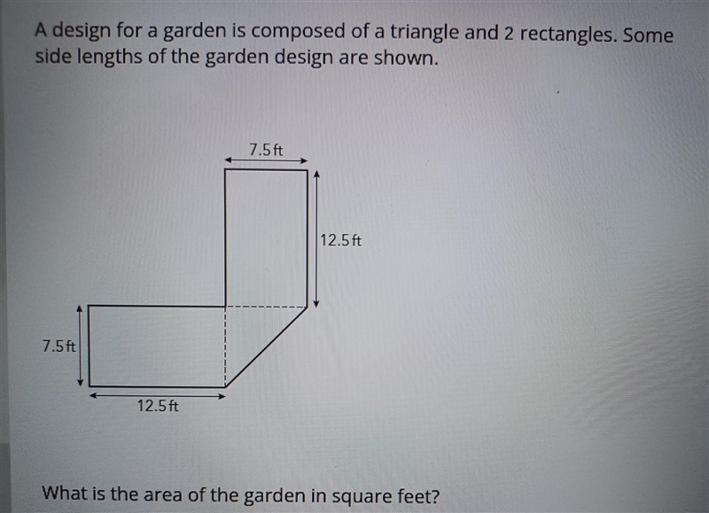 A design for a garden is composed of a triangle and 2 rectangles. Some side lengths-example-1