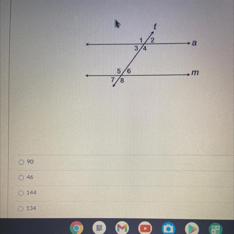 If the measure of <5 = 134 degrees, what is the measure of <8?-example-1