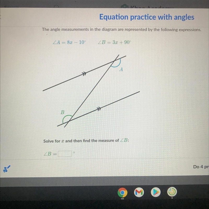 Please solve for X and Find the measure of B.-example-1