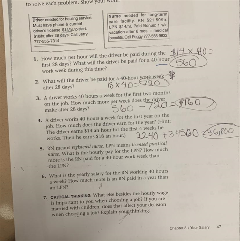 What is the hourly pay for the LPN? How much more is the RN paid for a 40 hour work-example-1