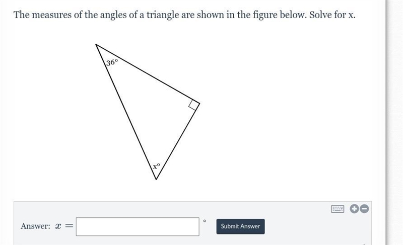 The measures of the angles of a triangle are shown in the figure below. Solve for-example-1