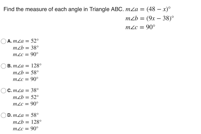 M∠a=(48−x)°m∠b=(9x−38)°m∠c=90°-example-1