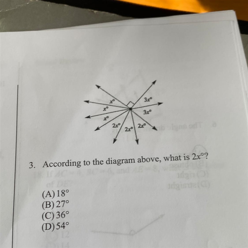 3. According to the diagram above, what is 2xº? (A) 18⁰ (B) 27° (C) 36° (D) 54-example-1