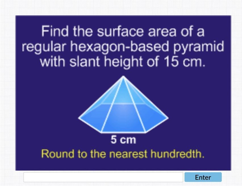 Find the surface area of a regular hexagon-based pyramid with slant height of 15 cm-example-1