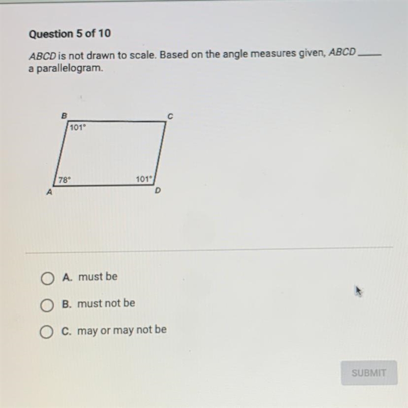 ABCD is not drawn to scale. Based on the angle measures given, ABCD a parallelogram-example-1