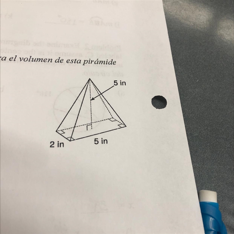 Find the volume of rectangular pyramid 5in 5 in 2 in-example-1