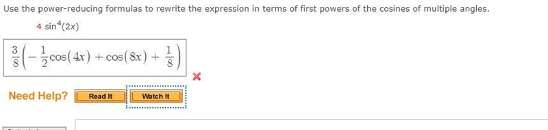 Use the power-reducing formulas to rewrite the expression in terms of first powers-example-1