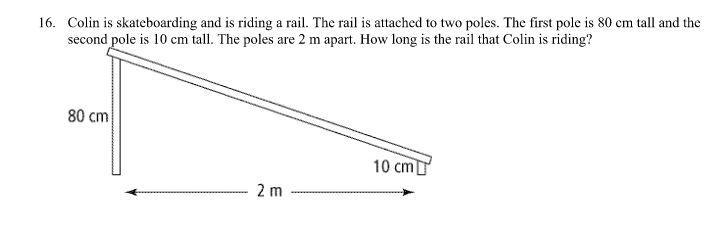 Colin is skateboarding and is riding a rail. The rail is attached to two poles. The-example-1