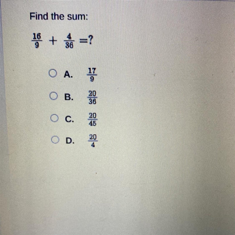 Help !!!! find the sum 16/9+4/36=?-example-1