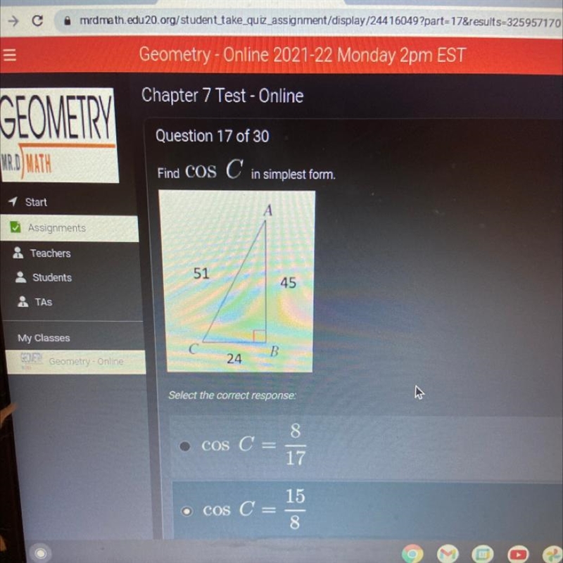 Please please help me the options are: cosC= 8/17 cosC=15/8 cosC=8/15 cosC=15/17-example-1