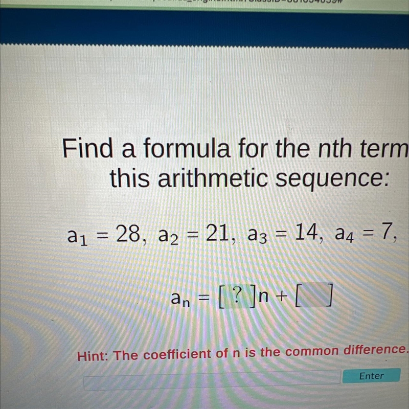 Find a formula for the nth term inthis arithmetic sequence:a1 = 28, a2 = 21, a314. a-example-1