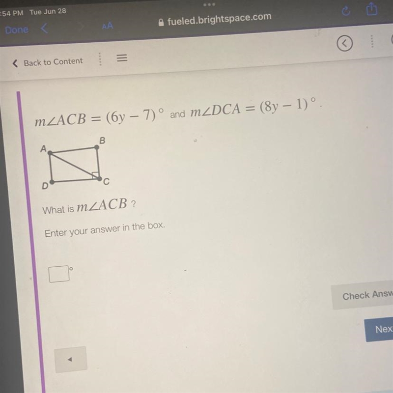 MZACB = (6y-7)° and mZDCA = (8y - 1)°. B A D | C What is mZACB?-example-1