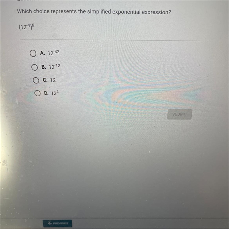 Question 3 of 10 Which choice represents the simplified exponential expression? (12-4)8 OA-example-1