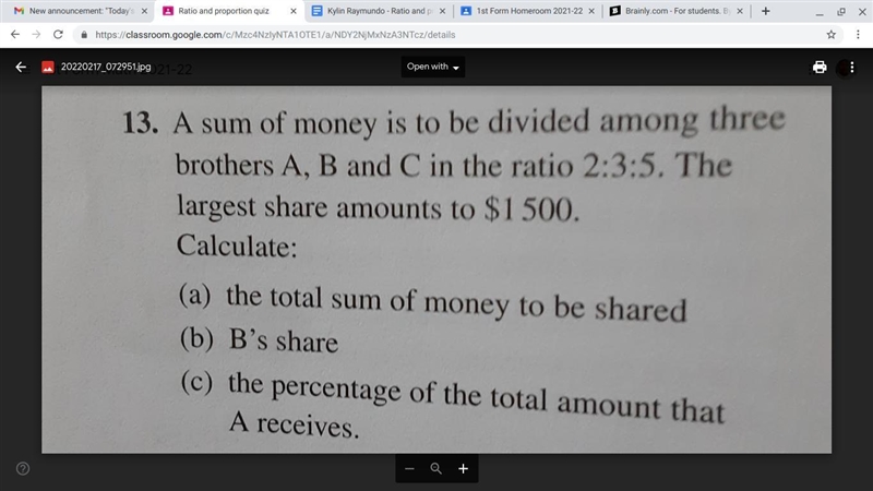 A sum of money is to be divided among three brothers A,B and C in the ratio 2:3:5 the-example-1