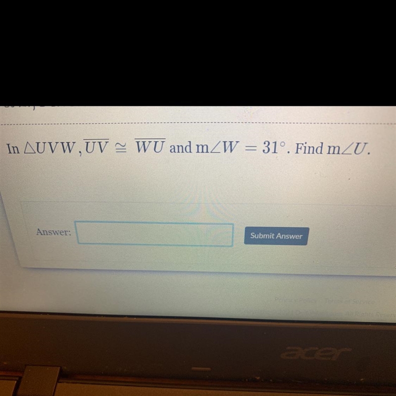 In AUVW,UV = WU and mZW = 31°. Find mZU.-example-1