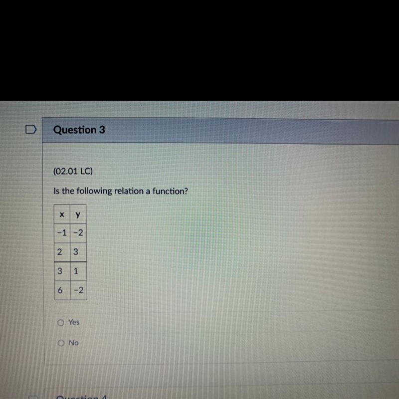 Is the following relation a function? A) Yes B) No-example-1