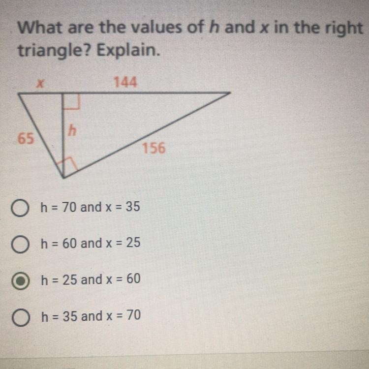 What are the values of h and x in the right triangle?-example-1