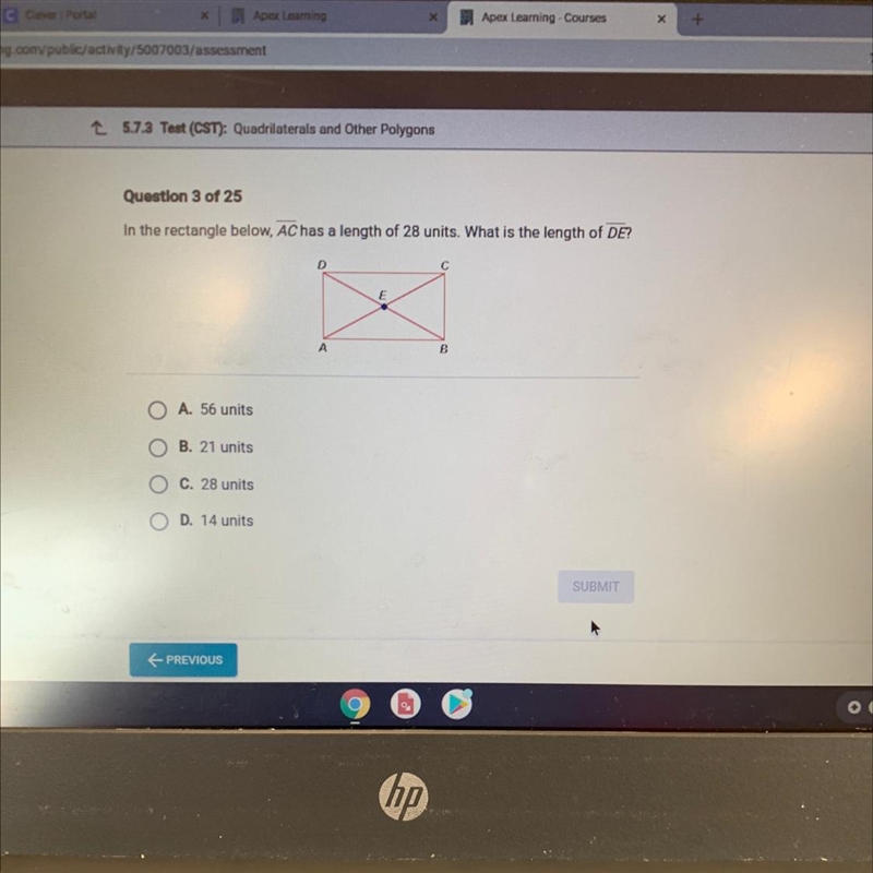 In the rectangle below, AC has a length of 28 units. What is the length of DE? D A-example-1