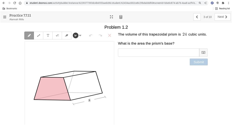 The volume of this trapezoidal prism is `24` cubic units. What is the area of the-example-1