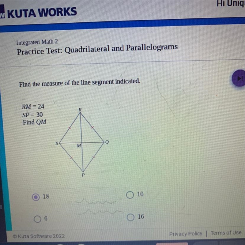 Find the measure of the segment indicated. RM = 24 SP = 30 Find QM I am being tested-example-1