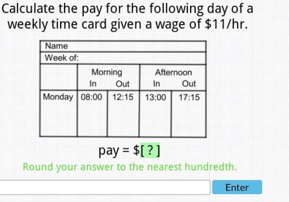 Calculate the pay of the following day of a wage of $ 11/hour.-example-1